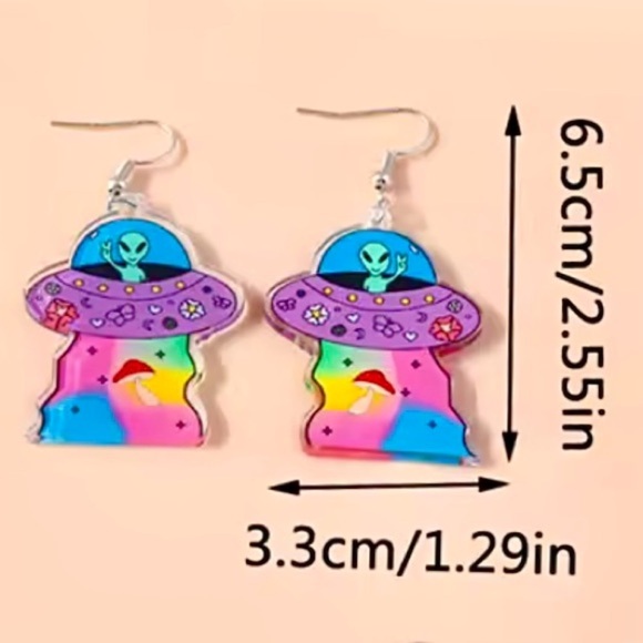 Colorful Alien UFO Acrylic Earrings – Halloween Weirdcore Space Jewelry - Picture 6 of 13
